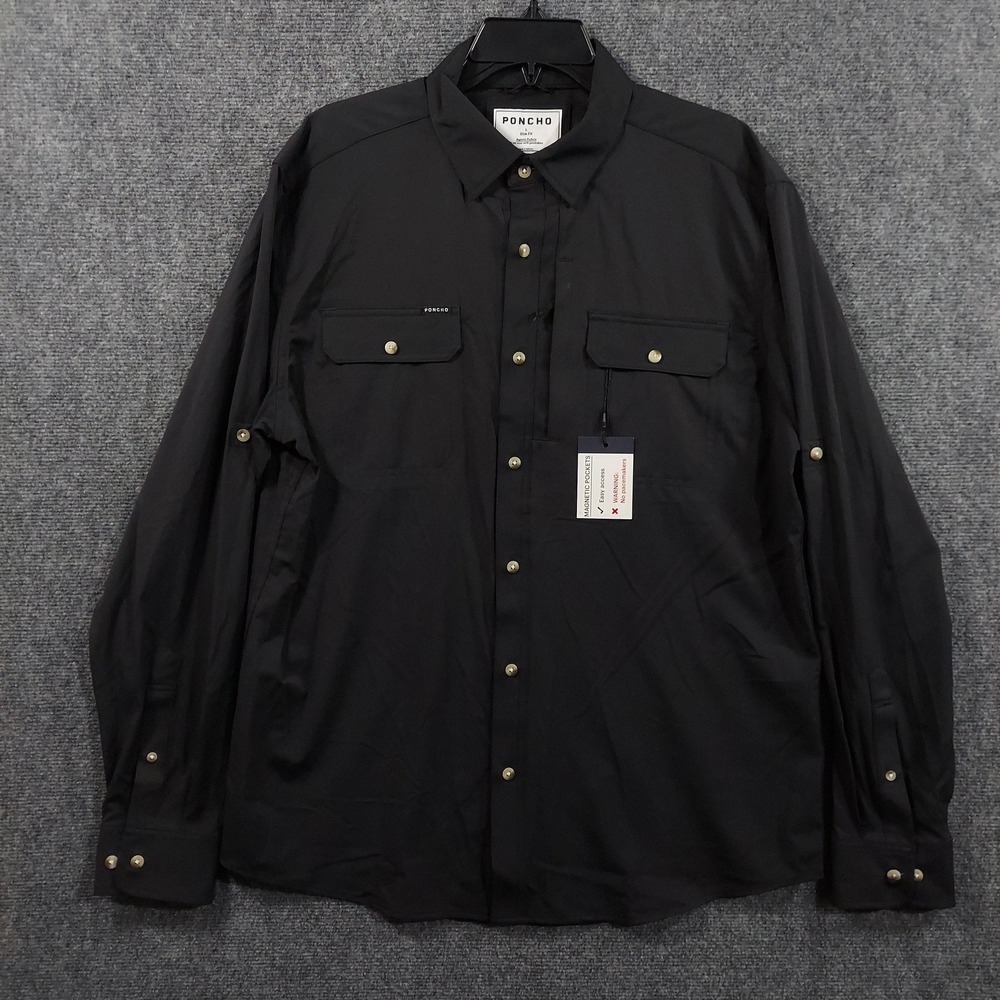 Poncho Shirt Mens Large Black Long Sleeve Magnetic Pockets Slim Fit Button Up